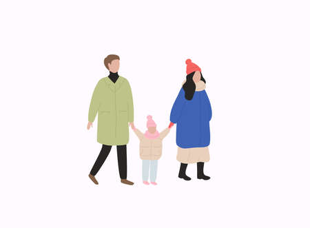 Family with kid in warm clothes flat vector illustrations. Winter season outdoor.のイラスト素材