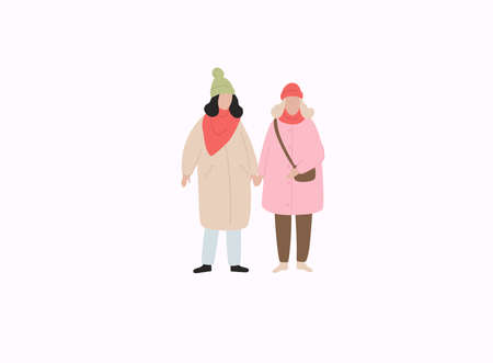 Couple girls in warm clothes flat vector illustrations. Winter season outdoor date.のイラスト素材