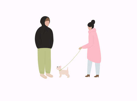 Couple with dog in warm clothes flat vector illustrations. Winter season outdoor date.のイラスト素材