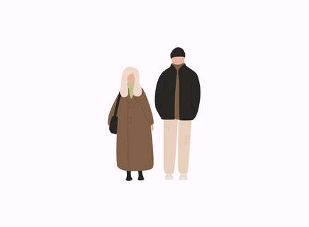 Couple in warm clothes flat vector illustrations. Winter season outdoor date.のイラスト素材