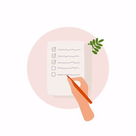 Hands holding paper sheet with check list. Colorful vector illustration in flat style.のイラスト素材