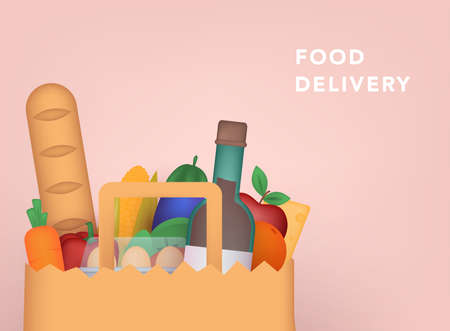 Food delivery. Healthy organic fresh and natural food. Grocery delivery concept. 3D Vector Illustrations.のイラスト素材