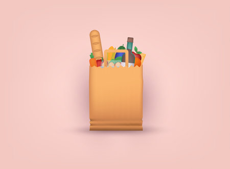 Paper bag with foods. Healthy organic fresh and natural food. Grocery delivery concept. 3D Vector Illustrations.のイラスト素材