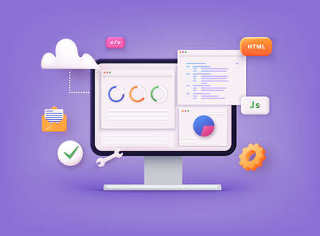 Website programming and coding. Web development and coding. 3D Vector Illustrations.のイラスト素材