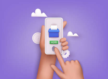 Hand holding smartphone with voting app on the screen. Communication Systems and Technologies. 3D Vector Illustrations.のイラスト素材