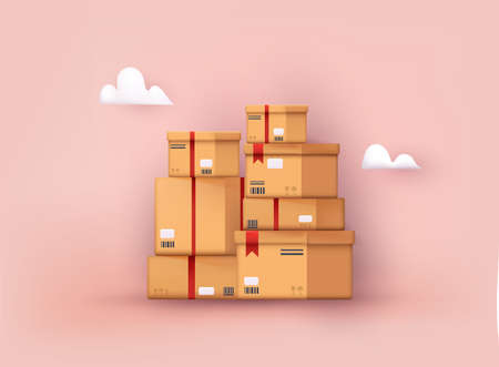Carton delivery packaging with fragile signs. 3D Vector Illustrations.のイラスト素材