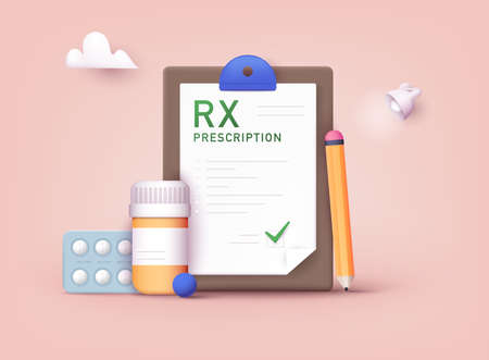 RX medical prescription drug vector illustration. Doctors and pills. Vector rx prescription. 3D Web Vector Illustrations.のイラスト素材