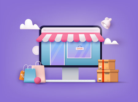 Online shopping.Design graphic elements, signs, symbols. Mobile marketing and digital marketing. 3D Web Vector Illustrations.のイラスト素材