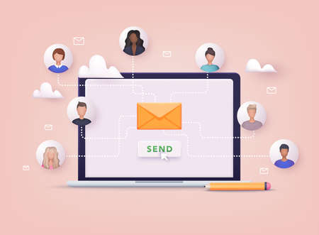 Running email campaign, email advertising, direct digital marketing. 3D Vector Illustrations.のイラスト素材
