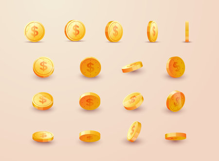 Gold coins set isolated in different positions. Balance profit, income statement and cash flow statement. 3d.のイラスト素材