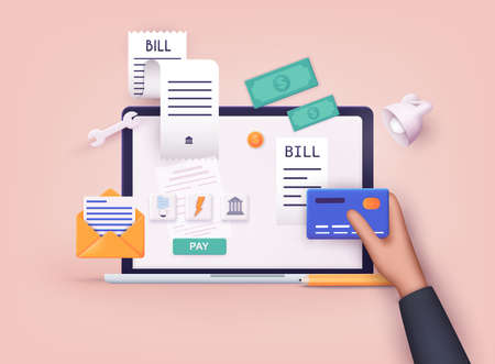 Mobile payment concept. Phone laying down on bill heap. Payment of utility, bank, restaurant and other. 3D Vector Illustrations.のイラスト素材