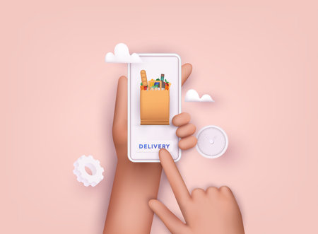 Online grocery shopping. elivery service. Online ordering of food, grocery delivery, e-commerce. 3D Vector Illustrations.のイラスト素材