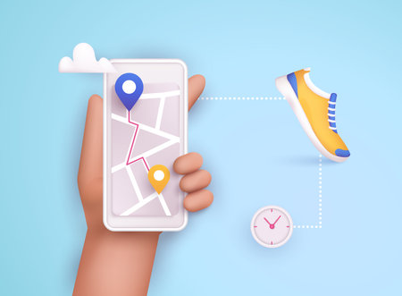 Hand holding mobile smart phone app with track displayed with route. Vector fitness route tracking concept illustration. 3D Vector Illustrations.のイラスト素材