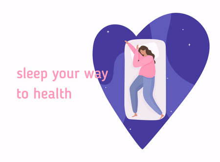 Woman sleeping at night in her bed. Healthcare, self care poster. Sweet dream concept. Advert of mattress.のイラスト素材