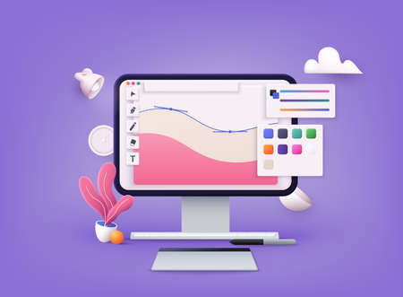 Computer display with vector design program. 3D Web Vector Illustrations.のイラスト素材