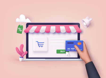 Online shopping.Design graphic elements, signs, symbols. Mobile marketing and digital marketing. 3D Web Vector Illustrations.のイラスト素材