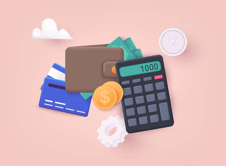 Budget management concept. Economy background with billfold and calculator. 3D Web Vector Illustrations.のイラスト素材