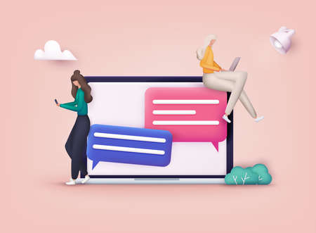 Women use mobile smartphone and laptop for chatting in social media. 3D Web Vector Illustrations.のイラスト素材