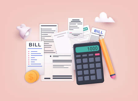 Pay bills and tax. Payment of utility, bank, restaurant and other. 3D Web Vector Illustrations.のイラスト素材