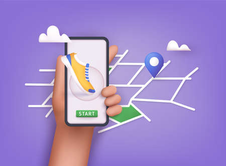 Hand holding mobile smart phone app with track displayed with route. Vector fitness route tracking concept illustration. 3D Vector Illustrations.のイラスト素材