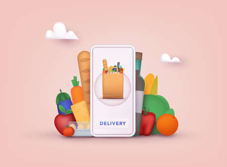 Online grocery shopping. Delivery service. Online ordering of food, grocery delivery, e-commerce. 3D Vector Illustrations.のイラスト素材