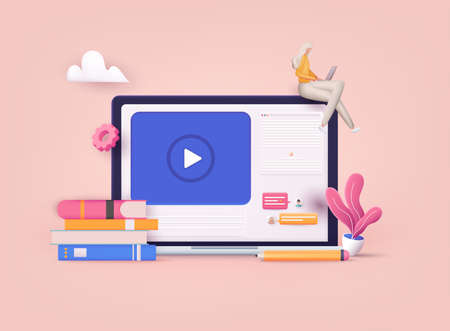 Online education on website. Application learning. Computer with open pages. 3D Vector Illustrations.のイラスト素材