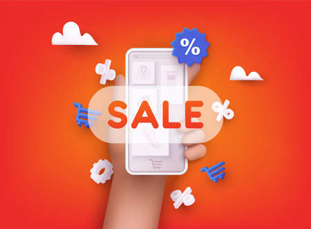 Hand holding smartphone with sale sign. Online shopping concept. 3D Web Vector Illustrations.のイラスト素材