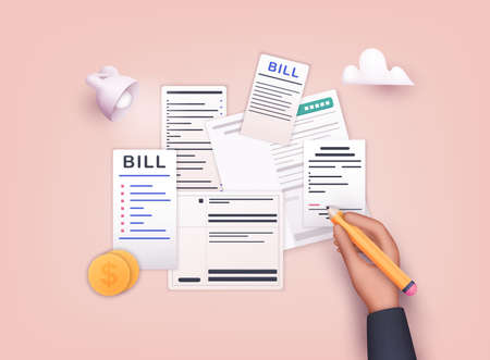 Hand signature bills with pencil. Payment of utility, bank, restaurant and other. 3D Web Vector Illustrations.のイラスト素材