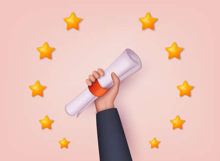Hand holding diploma graduation. Receiving college or university diploma remotely. 3D Web Vector Illustrations.のイラスト素材