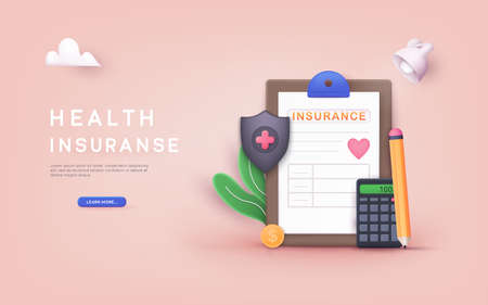 Health Insurance Contract. Health insurance concept. 3D Web Vector Illustrations.のイラスト素材