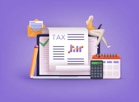 Online Tax payment. Filling tax form. Calendar show Tax Payment Date. Accounting and Financial Management Concept. 3D Web Vector Illustrations.のイラスト素材