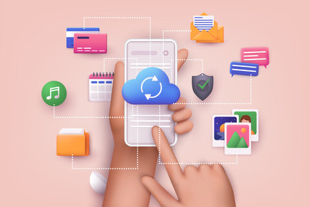 Cloud computing upload and download data online service with mobile phone. Polygonal wireframe cloud storage sign. 3D Web Vector Illustrations.のイラスト素材