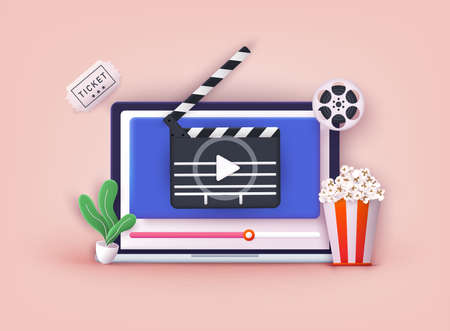Concept of online home cinema. Bucket for popcorn, film strip and reel. Filmmaking banner. 3D Web Vector Illustrations.のイラスト素材