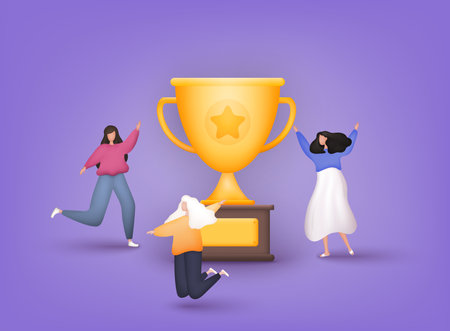 People Characters with Prize, Golden Cup. Business Team Success, Achievement Concept. 3D Web Vector Illustrations.のイラスト素材
