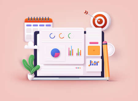 Business strategy. Landing page template. Business analysis, content strategy and management concept. 3D Web Vector Illustrations.のイラスト素材