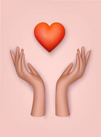 Hands holding red heart. Illustration template for charity, help, supporting, work of volunteers. 3D Web Vector Illustrations.のイラスト素材