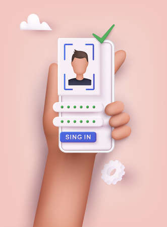 Hand holding mobile smart phone with face recognition app. 3D Web Vector Illustrations.のイラスト素材
