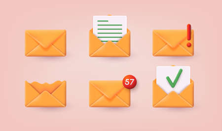 3d set of envelopes with different signs. Office document or message. 3D Web Vector Illustrations.