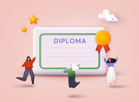 Icon of graduation certificate with happy people, diploma. Winner certificate. 3D Vector Illustrations.のイラスト素材