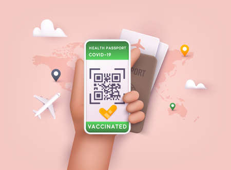Digital health passport app in mobile phone for travel. Covid-19 pandemic. 3D Web Vector Illustrations.のイラスト素材
