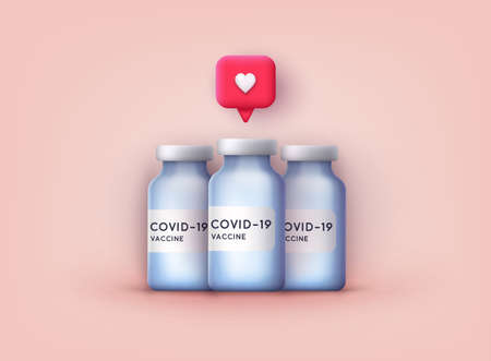 Covid-19 coronavirus vaccine. Vaccine bottle. Covid19 immunization treatment. 3D Web Vector Illustrations.のイラスト素材