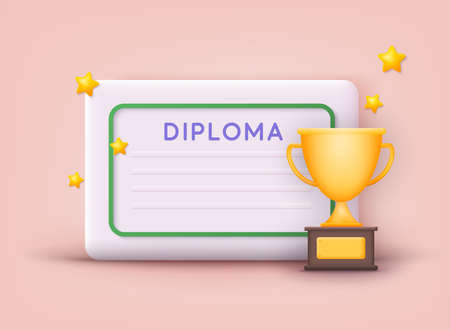 Icon of graduation certificate with happy people, diploma. Winner certificate. 3D Web Vector Illustrations.のイラスト素材