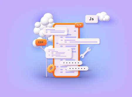 Mobile application development process. Smartphone interface building process, mobile app. 3D Web Vector Illustrations.のイラスト素材