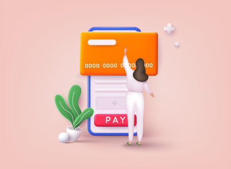 Pay by credit card via electronic wallet wirelessly on phone. 3D Vector Illustrations.のイラスト素材