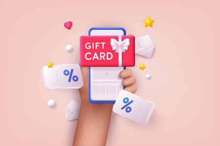 Gift card and promotion strategy, gift voucher, discount coupon and gift certificate concept. Hand holding mobile smart phone with shopp app. 3D Web Vector Illustrations.のイラスト素材