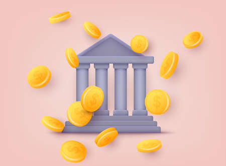 Bank building facade with coins. Mobile banking and online payment concept. 3D Vector Illustrations.のイラスト素材