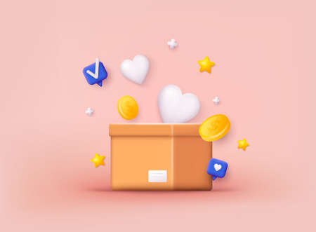 Donation Box with golden coin, money. Donation and charity concept. 3D Web Vector Illustrations.のイラスト素材