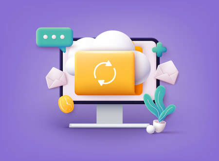 Cloud storage icon. Digital file organization service or app with data transfering. 3D Web Vector Illustrations.のイラスト素材