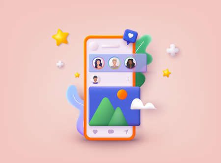 Social media app, online social communication applications concept. 3D Web Vector Illustrations.のイラスト素材