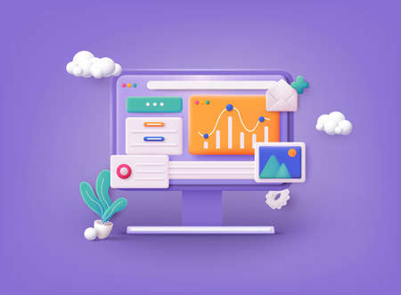Computer with open pages. Landing page template for web. Data analytics, dashboard and business...